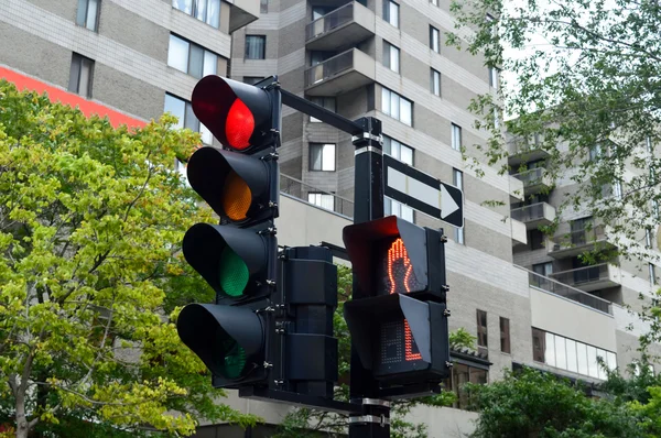 Montreal şehir merkezinde trafik ışığı kırmızı renk.