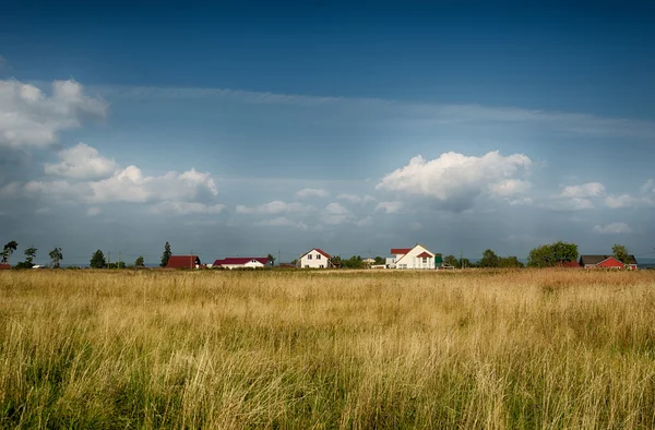 Kırsal manzara. Açık sammer gün. Köyün arka planda bir çayır.