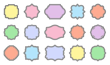 Renkli boş etiket çerçeveleri. Retro sınır vektörü ayarlandı. Şişeler, kavanozlar, kaplar ya da yemekler için klasik ambalaj kalıpları. Özel süpermarket tanıtım teklifi fiyat biçimi