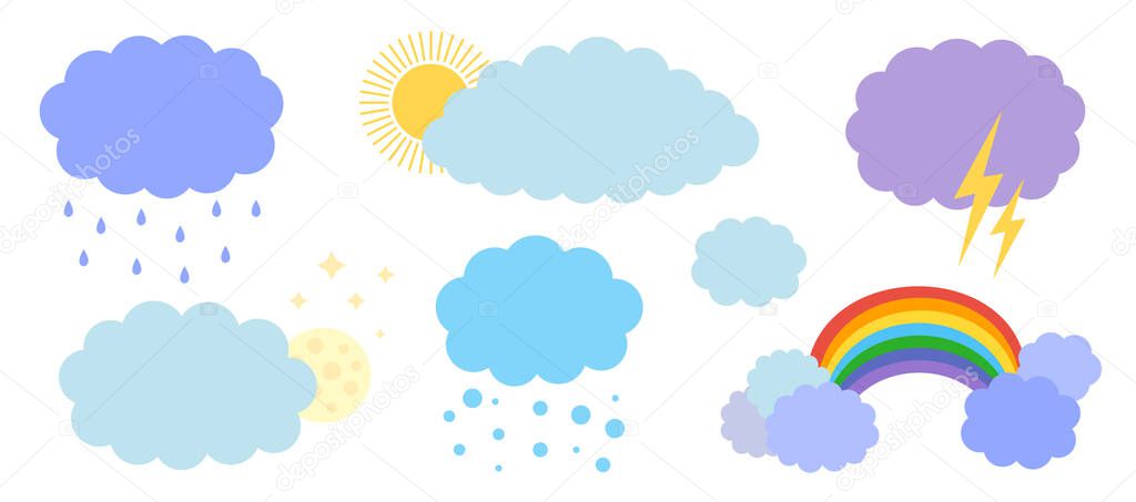 Cartoon weather vector cloud set isolated on white