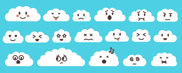 Fehér emoji lapos vektor felhő készlet elszigetelt kék — Stock Vector