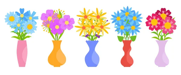 Vasi con fiori fioriti colorati insieme vettore — Vettoriale Stock