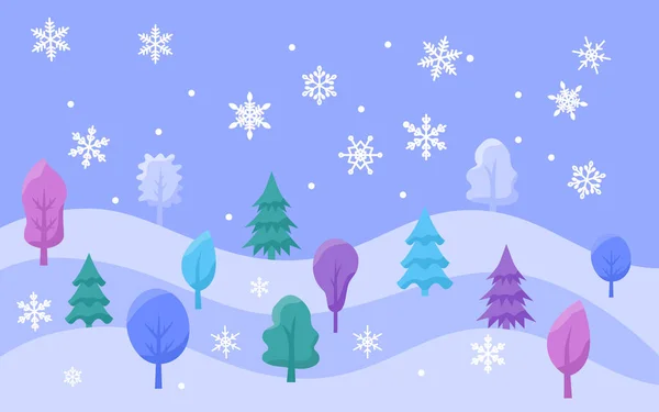 Árboles de azul, verde, rosa, azul subida en la deriva de nieve — Vector de stock