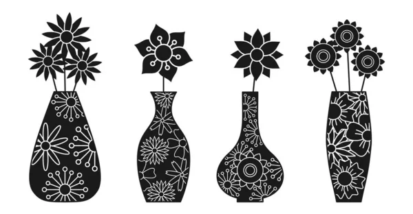 Vázák és virágok szokatlan fekete sziluett készlet — Stock Vector