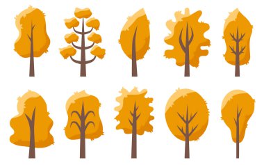 Trees autumn yellow orange with leaves vector set