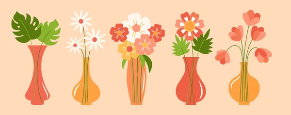 Flowers stylish set in transparent vases vector — Archivo Imágenes Vectoriales