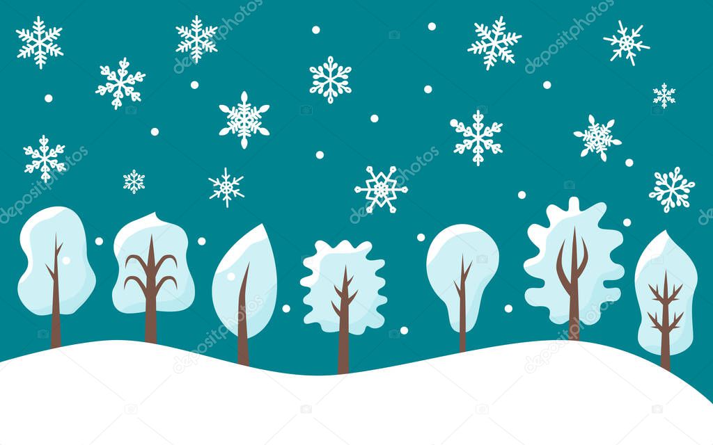 White and blue trees with flying snowflakes flat