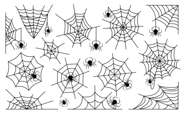 Muchas telas de araña diferentes con conjunto de arañas negras — Vector de stock