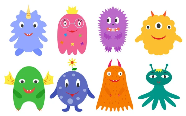 Monsters met hoorns en vleugels veelkleurige set — Stockvector