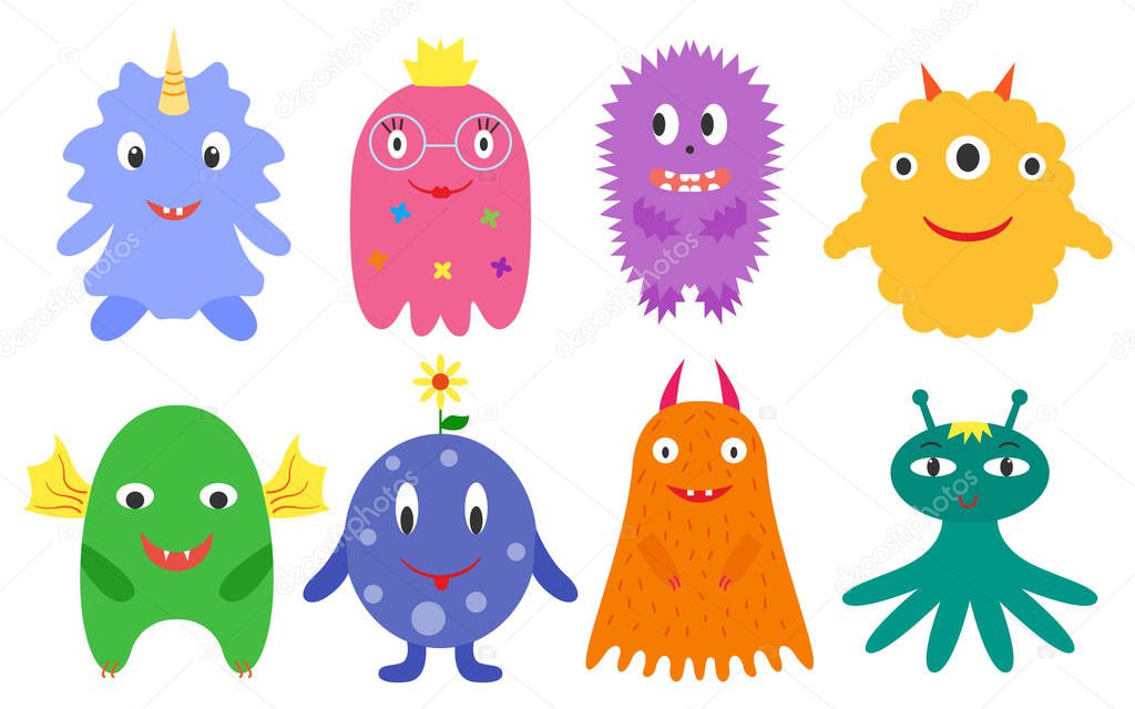 Monsters with horns and wings multicolored set