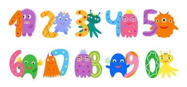 Sayılar ve komik sevimli canavarlar çizgi film setleri