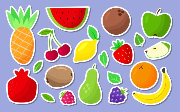 Ensemble d'icônes d'étiquette d'autocollant de dessin animé de fruits et baies — Image vectorielle