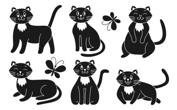 Macskák aranyos sziluett glyph -ban különböző pózok készlet — Stock Vector