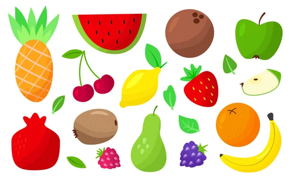 Fruit et baies dessin animé plat icône colorée ensemble — Image vectorielle