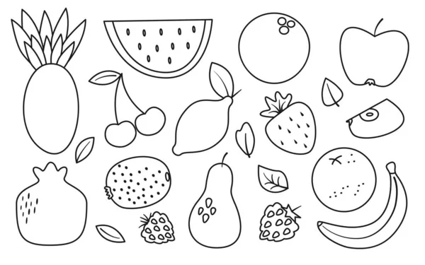 Fruit and berry cartoon line black icon set — Stock Vector