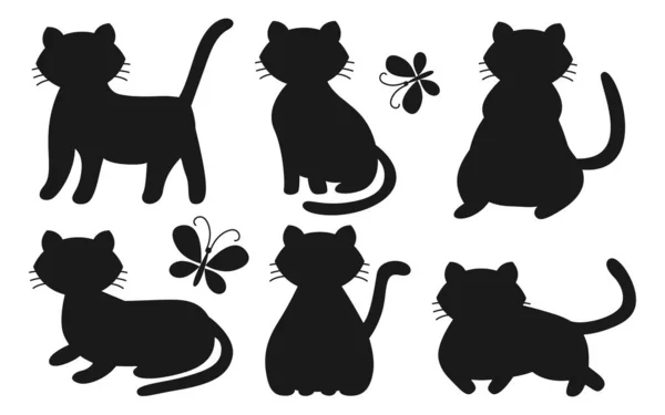 Conjunto de gatos silueta en diferentes poses y bozales — Vector de stock