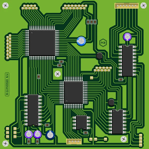 Green afgedrukt circuit board (Pcb) met onderdelen — Stockvector