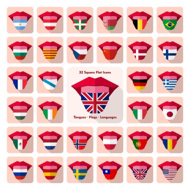 Tongues. Flat language icons with country flags clipart