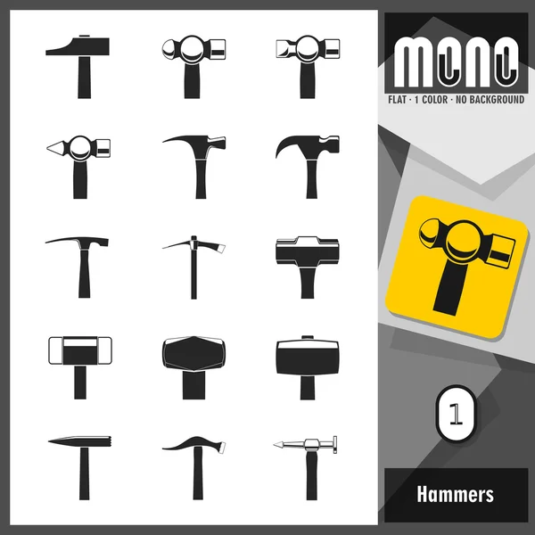 Mono ícones - Martelos 1. Ícones monocromáticos planos —  Vetores de Stock