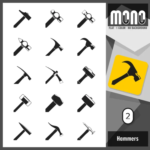 Mono Icons - Hammers 2 (dalam bahasa Inggris). Ikon monokromatik datar - Stok Vektor