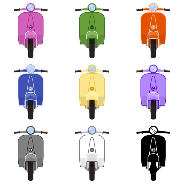 Motos scooter aisladas sobre fondo blanco. Diseño plano. 1 silueta. Vista frontal — Archivo Imágenes Vectoriales