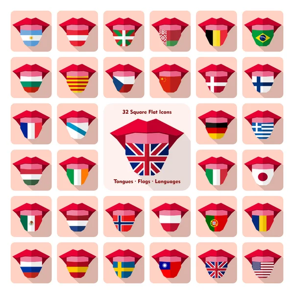 Tongues. Flat language icons with country flags — Stock Vector