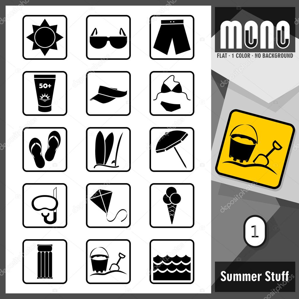 Mono Icons - Summer Stuff 1. Flat monochromatic icons