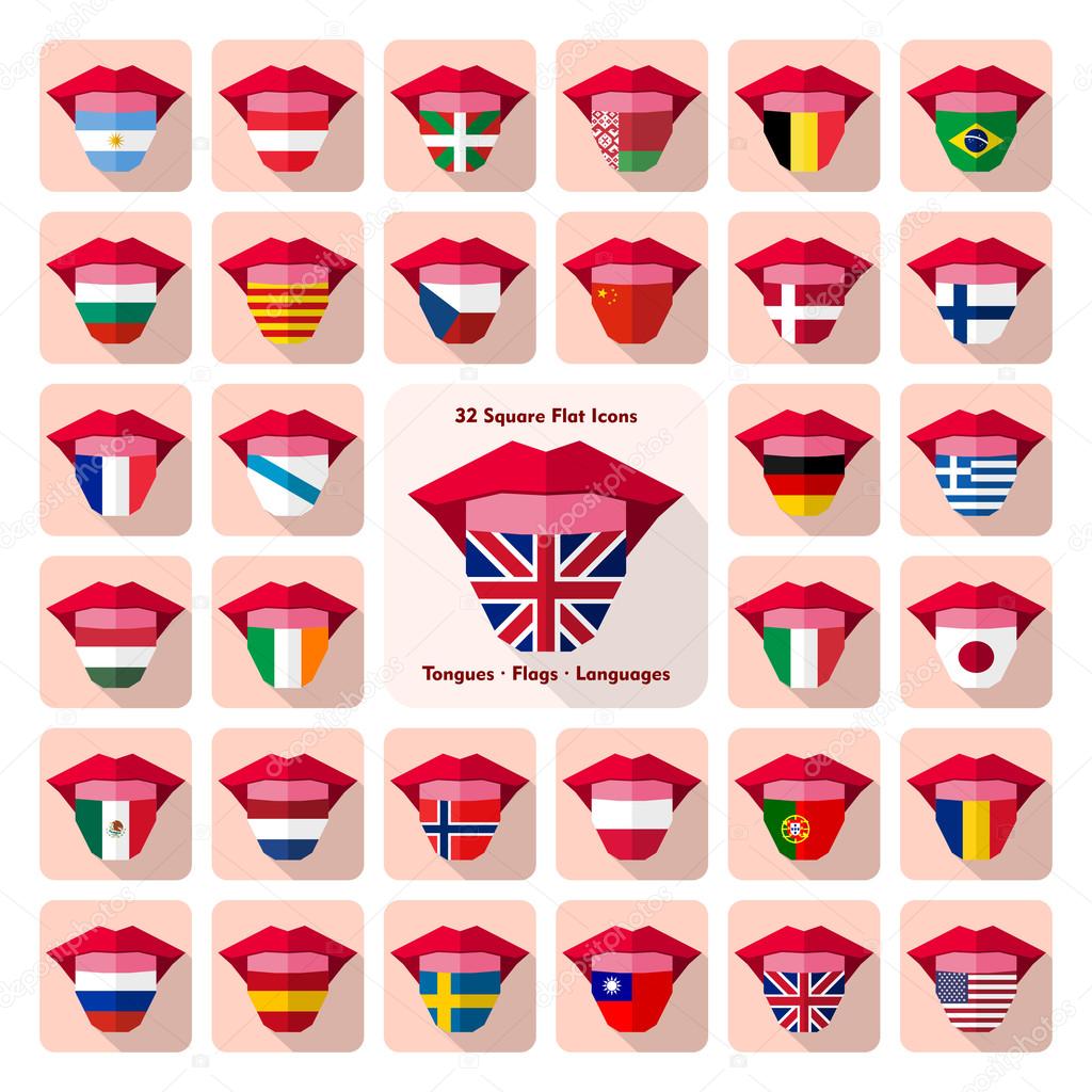 Tongues. Flat language icons with country flags