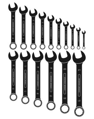 Open ring combined metric wrenches or spanners. From 6mm to 21mm clipart