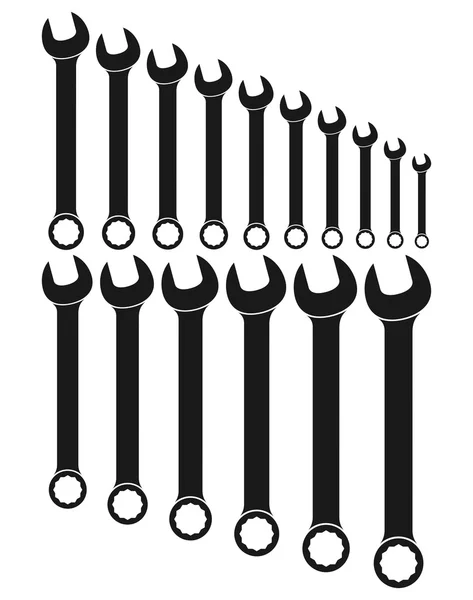 Otworzyć pierścień w połączeniu wrenches metryczne lub klucze. Od 6mm do 21mm — Wektor stockowy