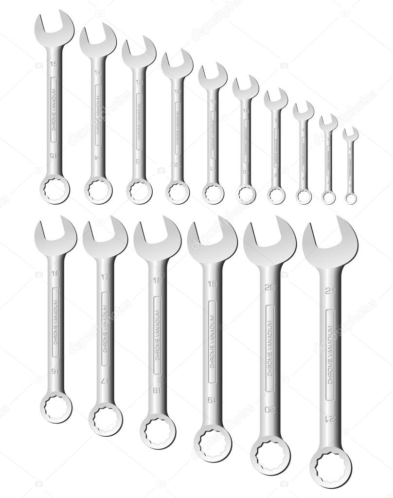 Open ring combined metric wrenches or spanners. From 6mm to 21mm