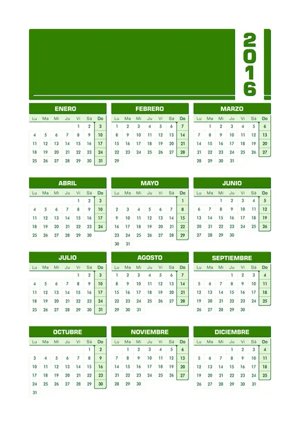 Calendrier 2016 Espagnol — Image vectorielle