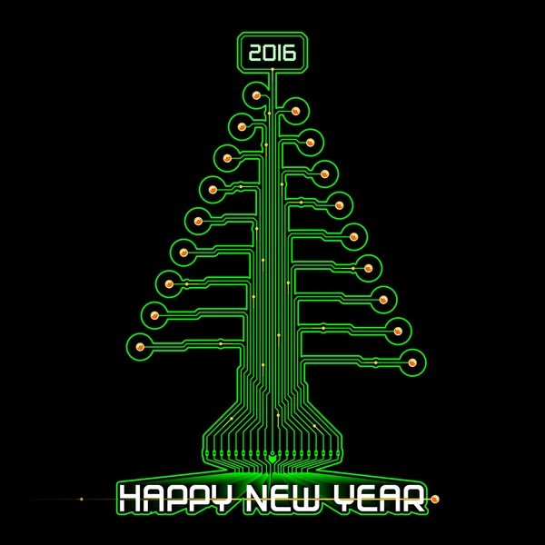 Techno Feliz Año Nuevo Árbol de Navidad Verde — Vector de stock