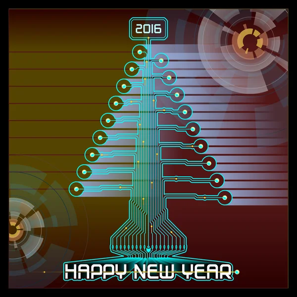 Techno Feliz Año Nuevo Árbol de Navidad Azul — Vector de stock