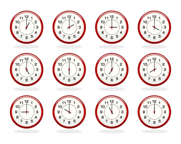 Set of red clocks for business hours — Stock Vector