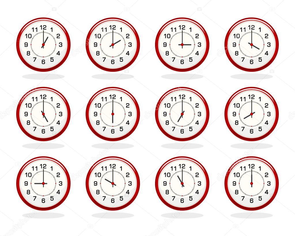 Set of red clocks for business hours