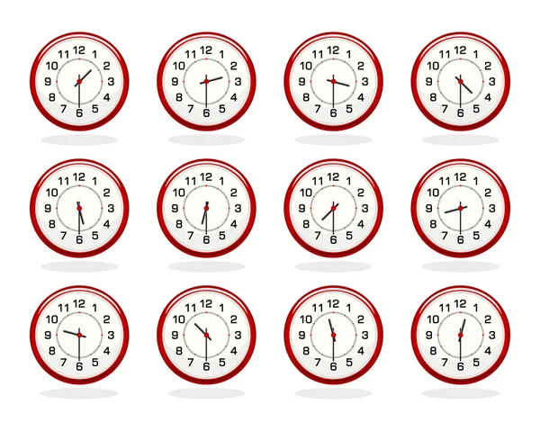 Set of red clocks for business hours. Half past hours version — Stock Vector