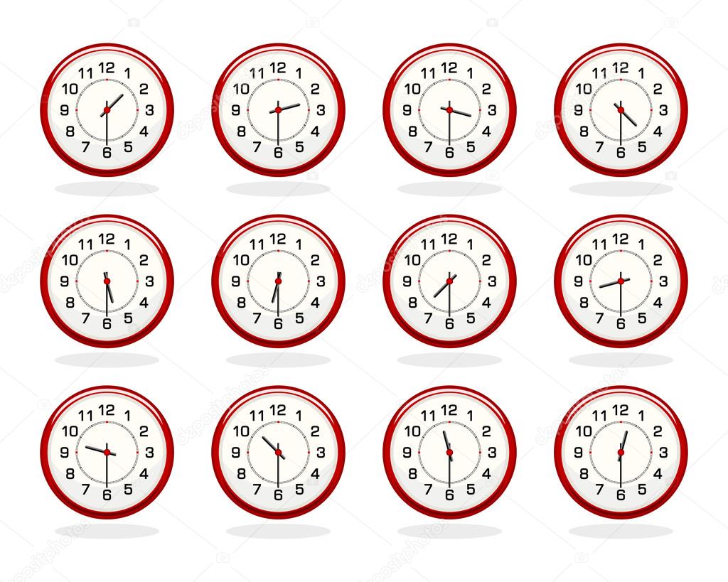 Set of red clocks for business hours. Half past hours version