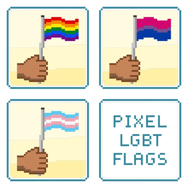 Pixelizado manos sosteniendo banderas LGBT vector — Archivo Imágenes Vectoriales