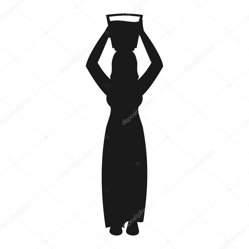 Silhouette of a woman carrying water isolated on white