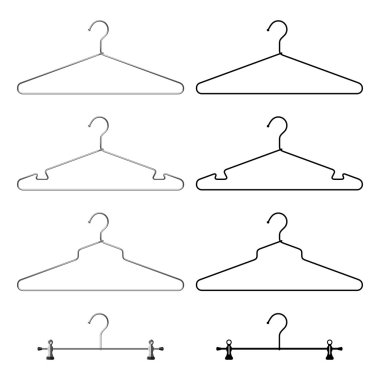 Set of steel metallic clothes hangers. Realistic and black silho clipart