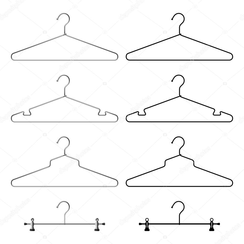 Set of steel metallic clothes hangers. Realistic and black silho