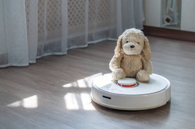 Yumuşak bir oyuncak köpek, robot bir elektrik süpürgesinin üstüne ışık demetinde oturur.