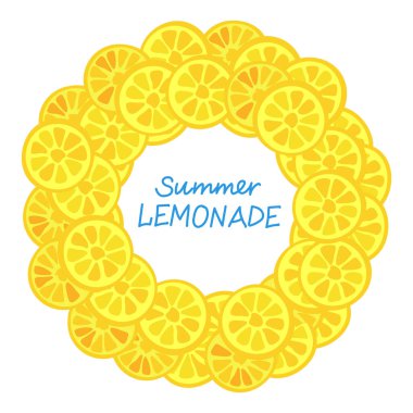 Limon dilimleri çerçeve arkaplanı ve limonata harf metninin el çizimi vektör çizimi.