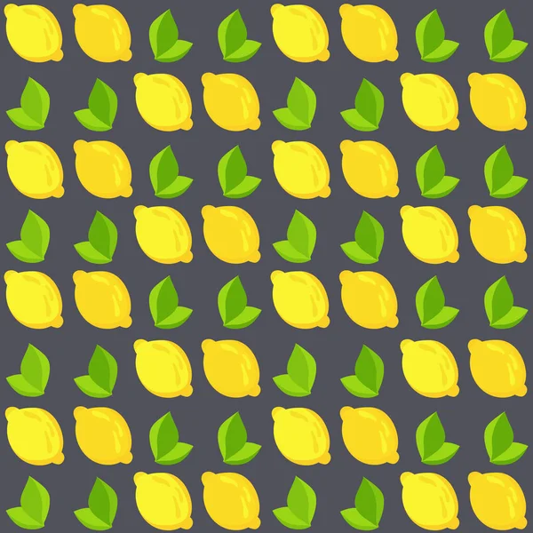 Seamless Vector Pattern Yellow Lemons Leaves Gray Background Hand Drawn — Stock Vector