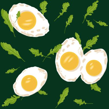 Arugula yaprakları ve yumurtalarla kusursuz desen. Yeşil arkaplandaki bir pint 'in vektör çizimi.