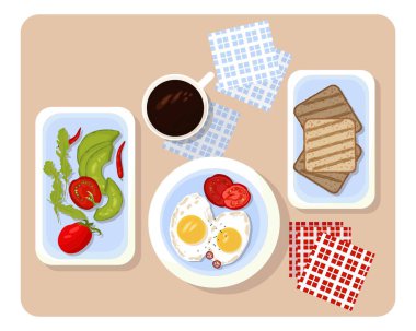 Vector düz kahvaltı ya da tabakta yemek ve kahveyle brunch. Kızarmış yumurta, tost, taze sebze ve espresso çizimi..