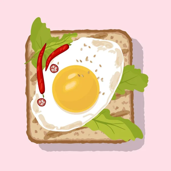 Toast Aux Œufs Frits Feuilles Roquette Vertes Petit Déjeuner Cuisson — Image vectorielle