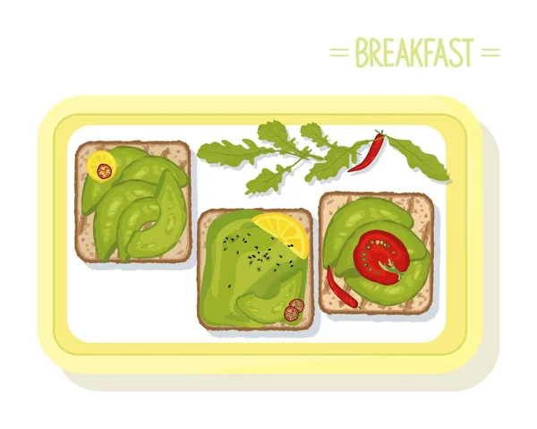 Assiette Avec Pain Grillé Avocat Herbes Illustration Vectorielle Concept Petit — Image vectorielle