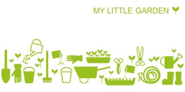 Büyüyen bitkiler ve bahçe aletleri olan yeşil bir afişin vektör çizimi. Küçük bahçe harflerim..